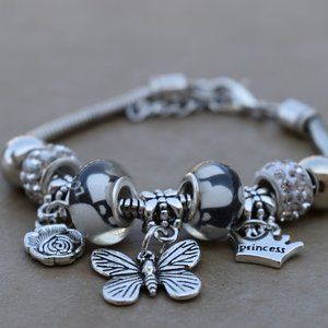 Adjustable Bracelet with cute charm Rose Butterfly Princess Crown Charm Bead